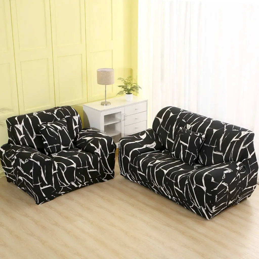 Crfatop Printed One-piece Sofa Slipcover For 1/2/3/4 Sofa M-2-SEATER-Black-white