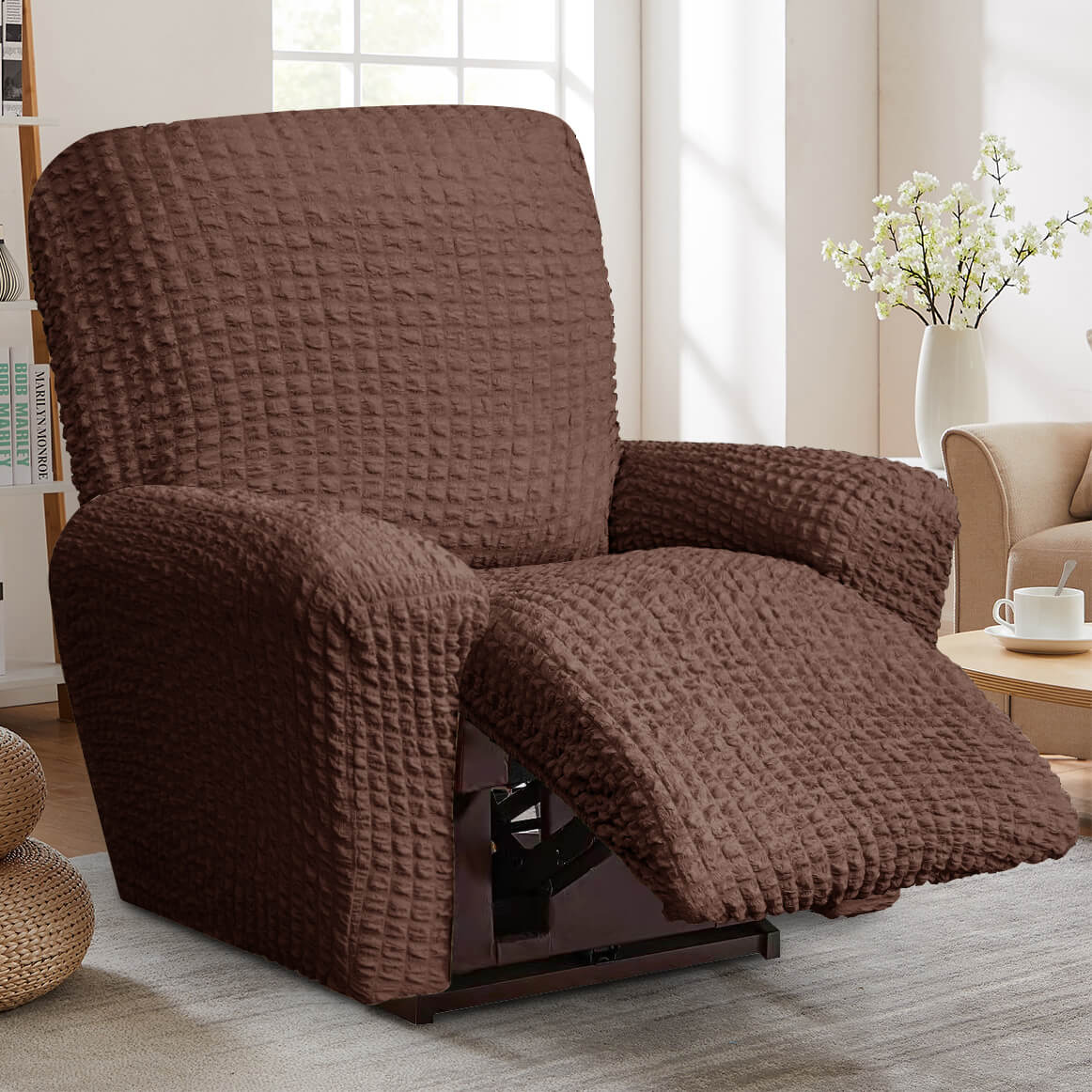 Crfatop High Quality Recliner Seater Cover Seersucker Fabric Reclining Couch Cover ChairBrown