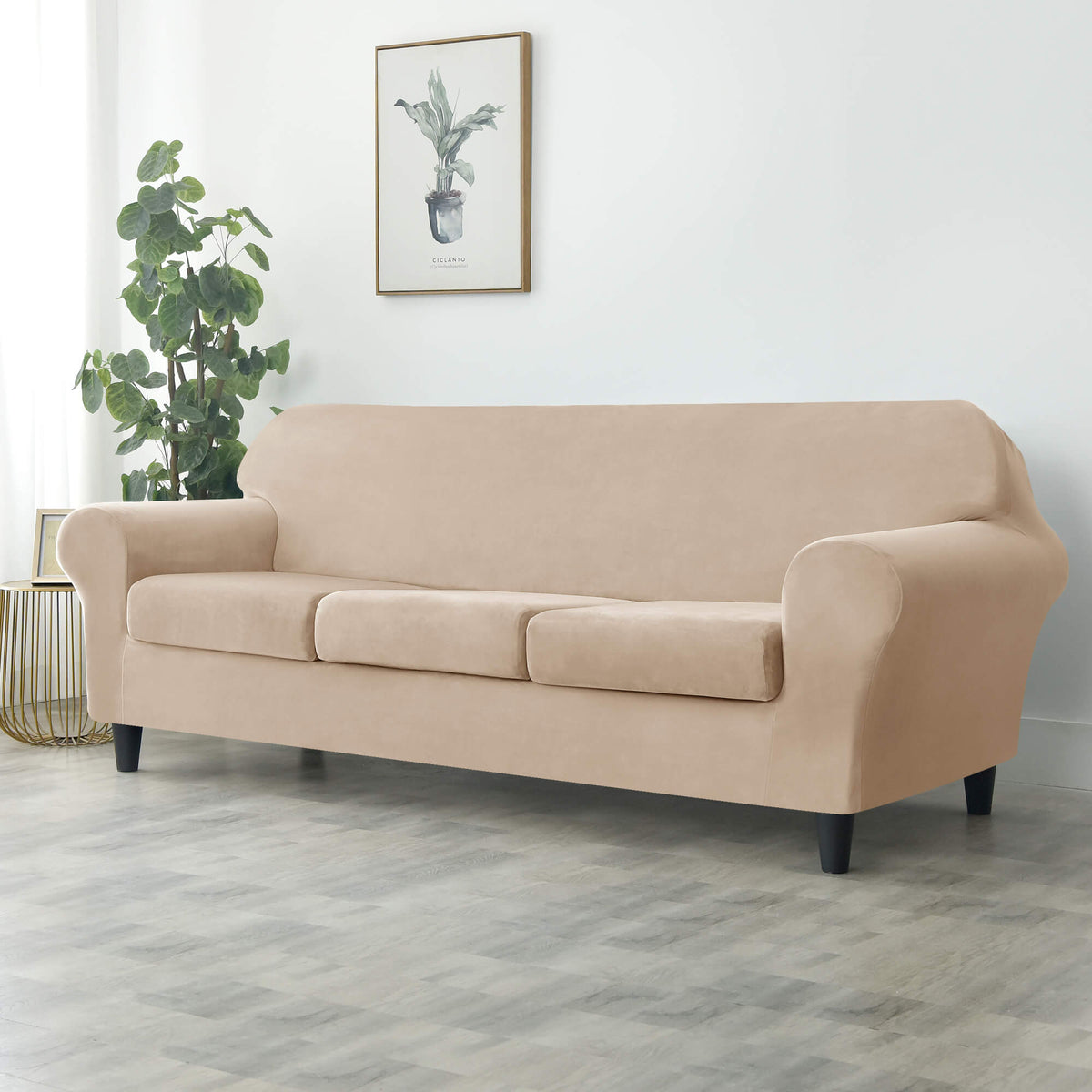 Crfatop Modern Couch Cover Stretch Armchair Sofa Seat Slipcovers with Elastic Bottom 3-seaterBeige