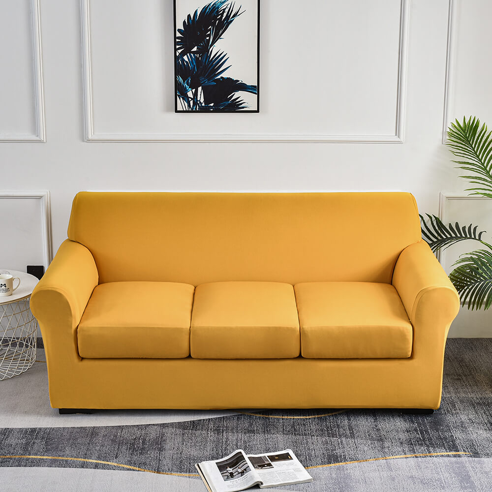 Crfatop Solid Color Box Cushion Sofa Slipcover 3-seatersofaYellow