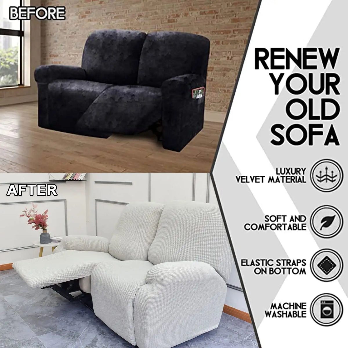 Plain 2-seater Recliner Slipcover Stretch Velvet Recliner Loveseat Cover Crfatop %sku%