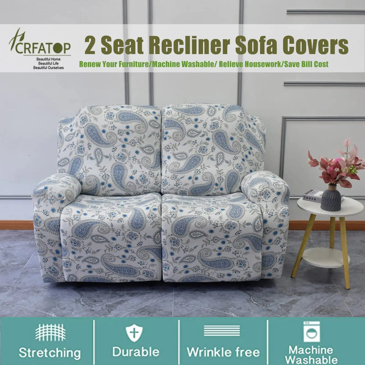 Crfatop Printed Recliner Loveseat Slipcover 2 Seat Recliner Sofa Covers (6 Pcs)