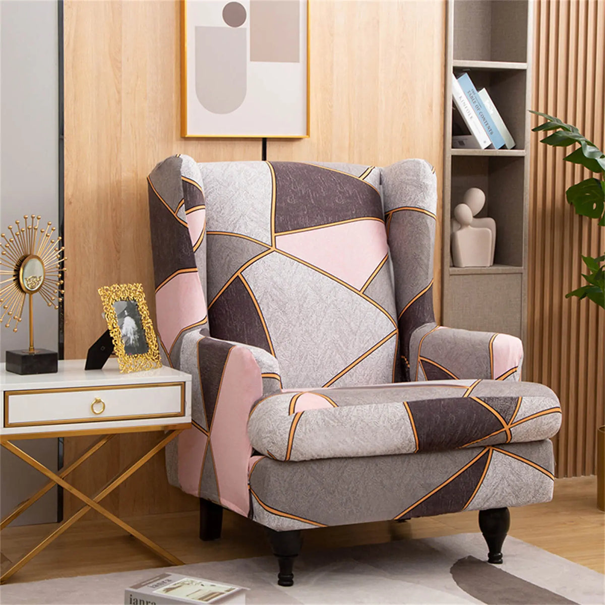 Patterned Wingback Chair Cover High Quality Furniture Protector - Pink-grey Crfatop %sku%