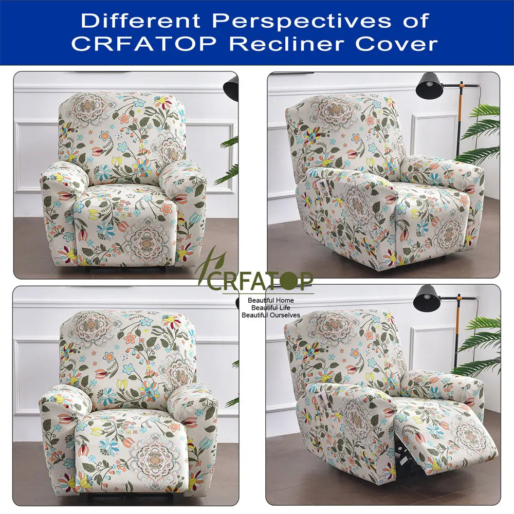 Stretch Recliner Sofa Cover 1 Set of 4 Pieces Floral Prints Sofa Cover with Side Pocket Crfatop %sku%